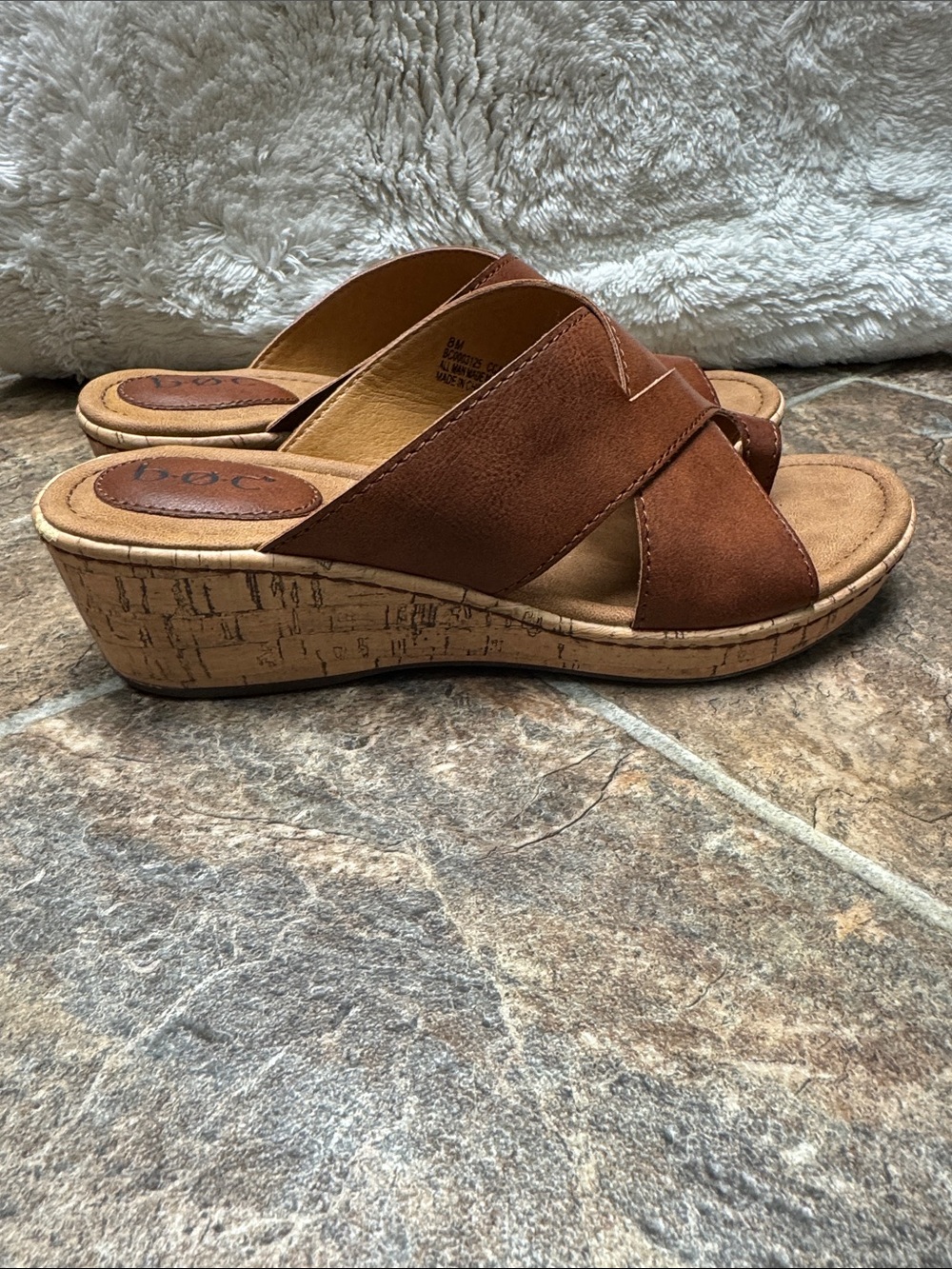 b.o.c. Brown Cork Wedge Slide Sandals with Cross Straps